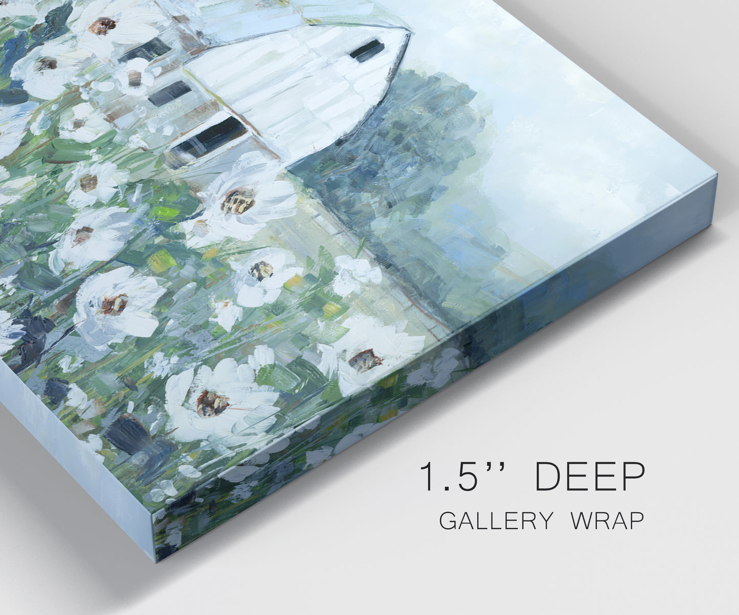 Close-up view of wrapped canvas corner featuring pastoral farmland with open fields.
