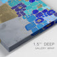 Close-up view of wrapped canvas corner featuring blue floral abstract botanical expression.