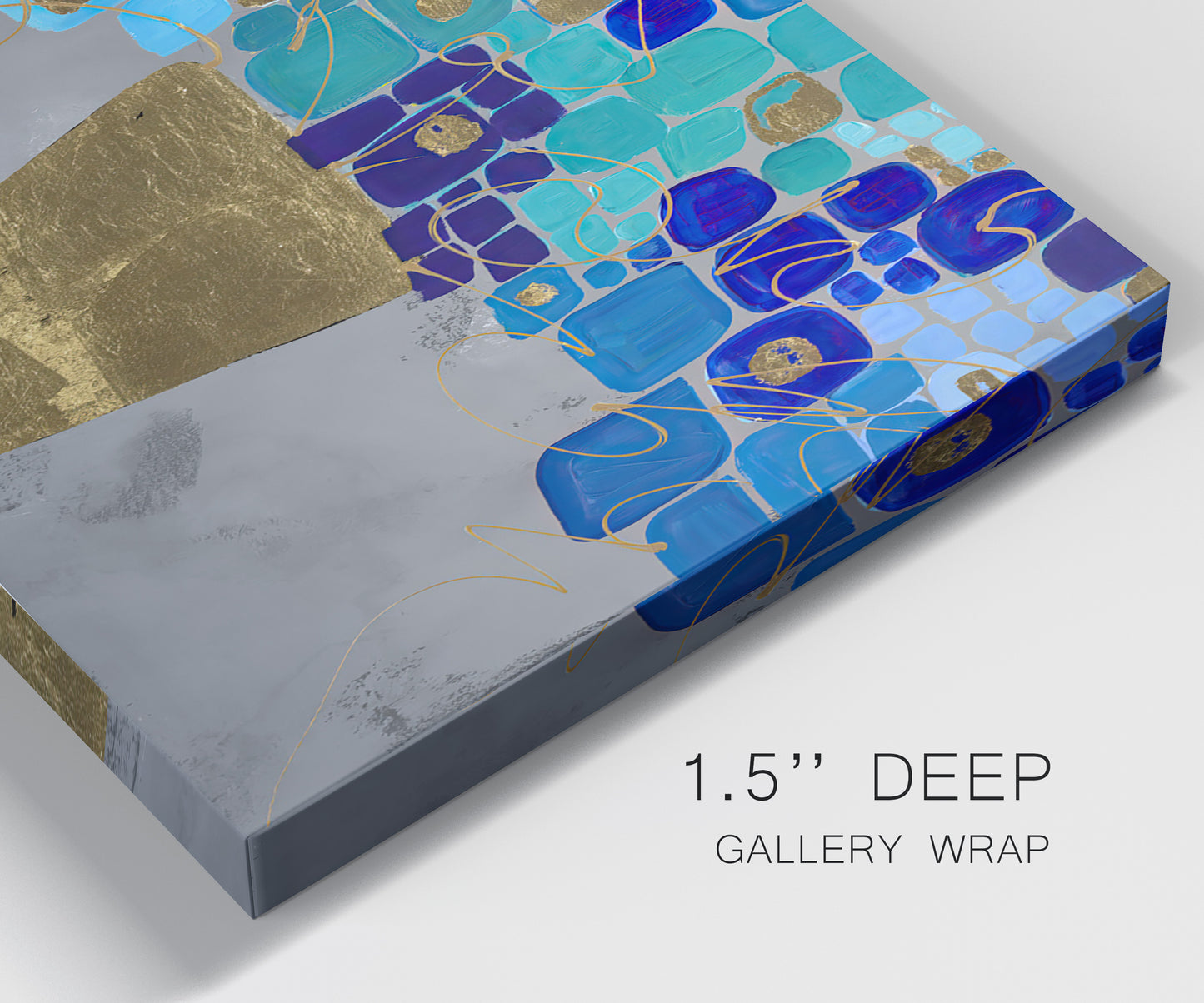 Close-up view of wrapped canvas corner featuring blue floral abstract botanical expression.