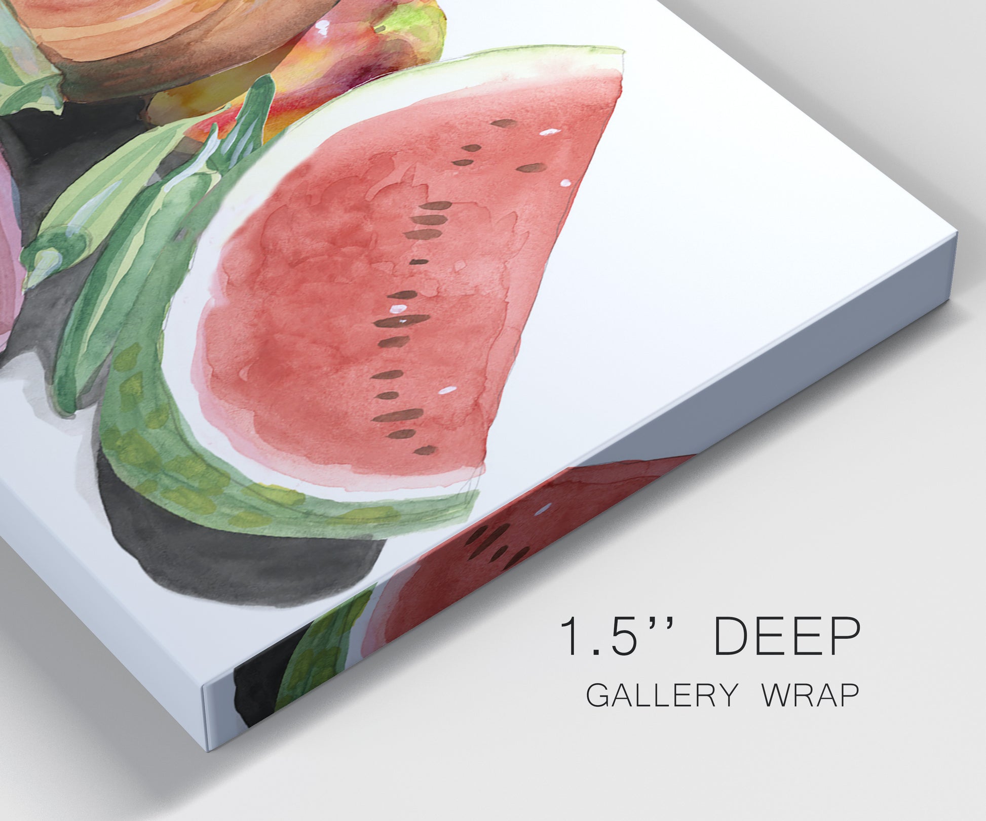 Close-up view of wrapped canvas corner featuring impressionist market still life.