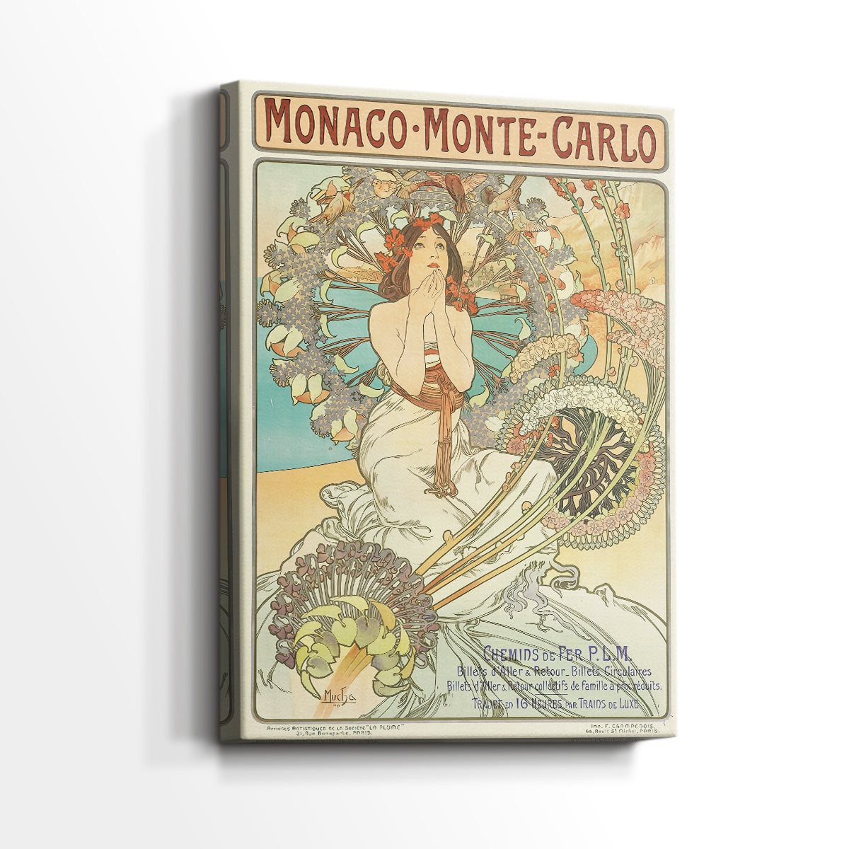 Side view of a canvas art print of a stylized advertisement with a female figure and coastal theme, showing gallery-wrapped depth.