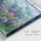 Close-up view of wrapped canvas corner featuring flowered riverbank with trees.