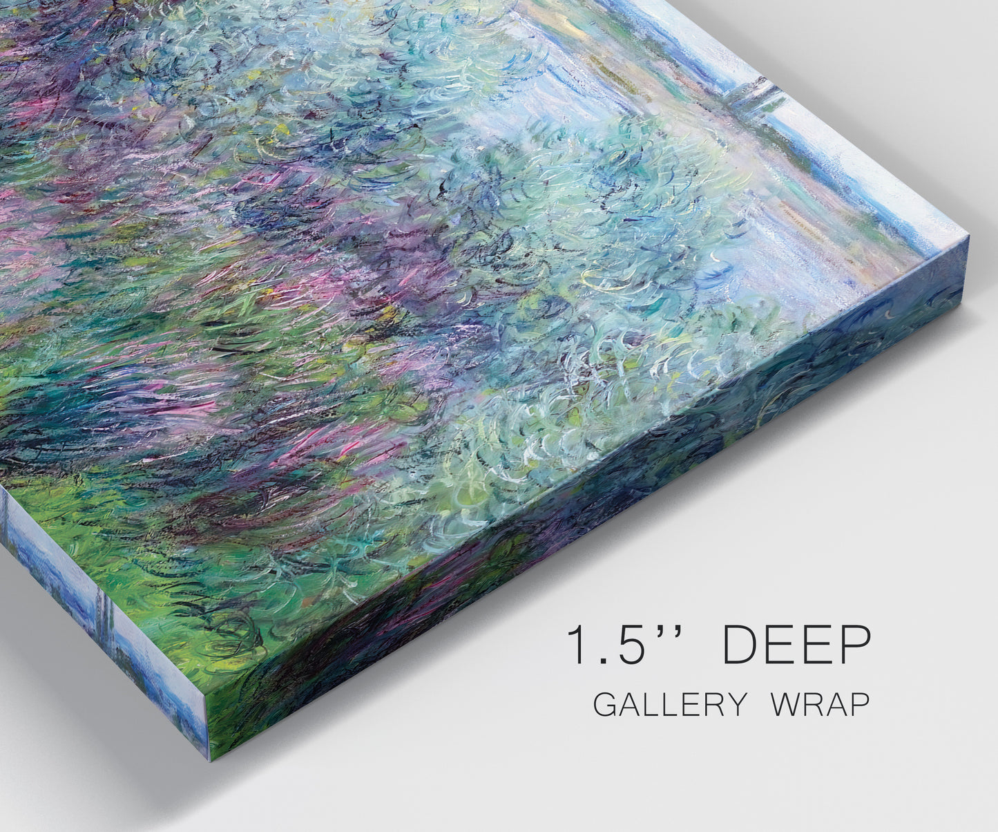 Close-up view of wrapped canvas corner featuring flowered riverbank with trees.