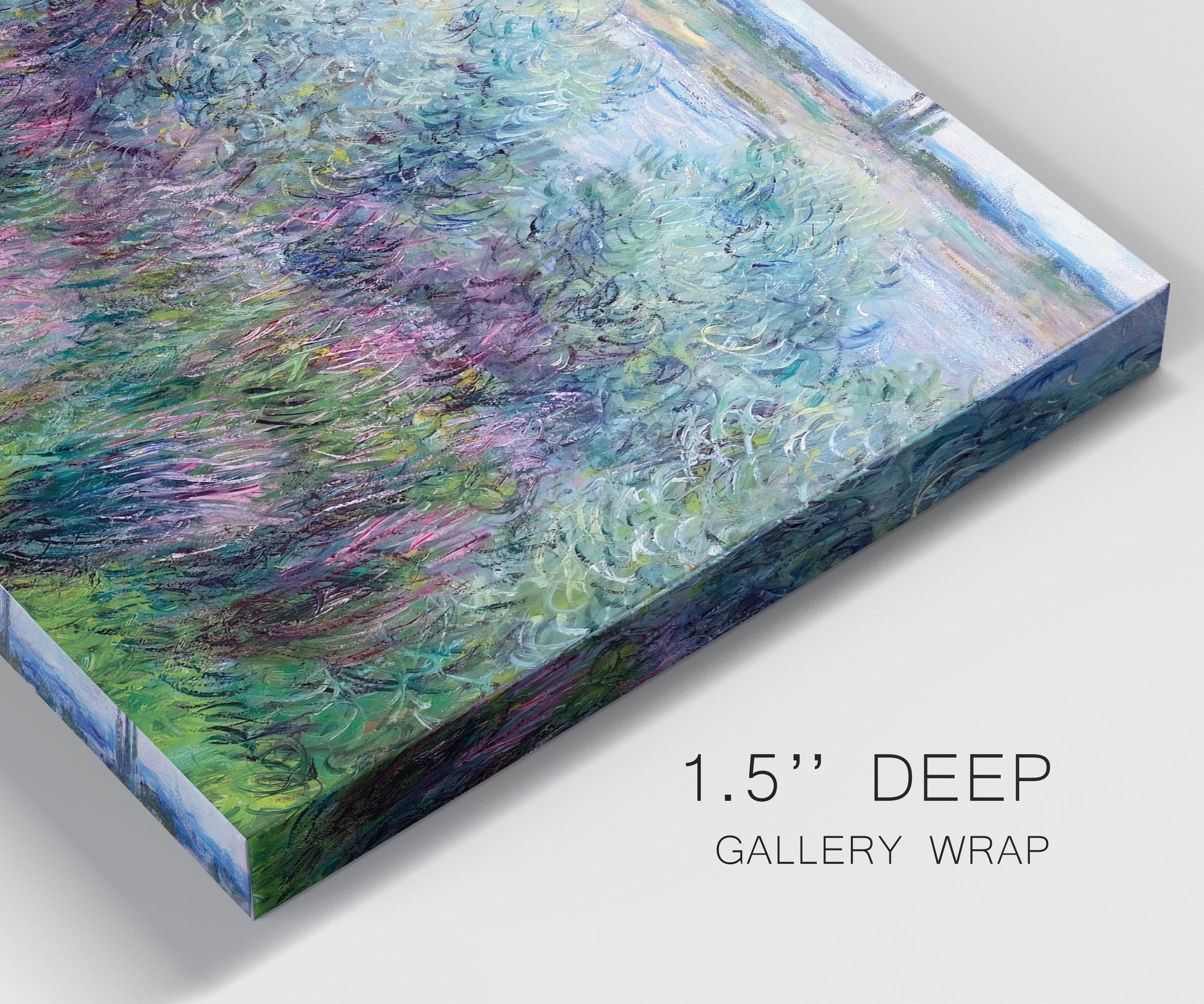 Close-up view of wrapped canvas corner featuring flowered riverbank with trees.