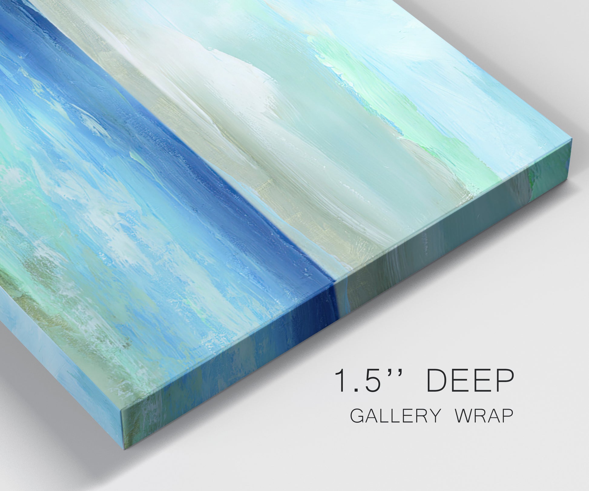 Close-up view of wrapped canvas corner featuring vast open blue ocean horizon.