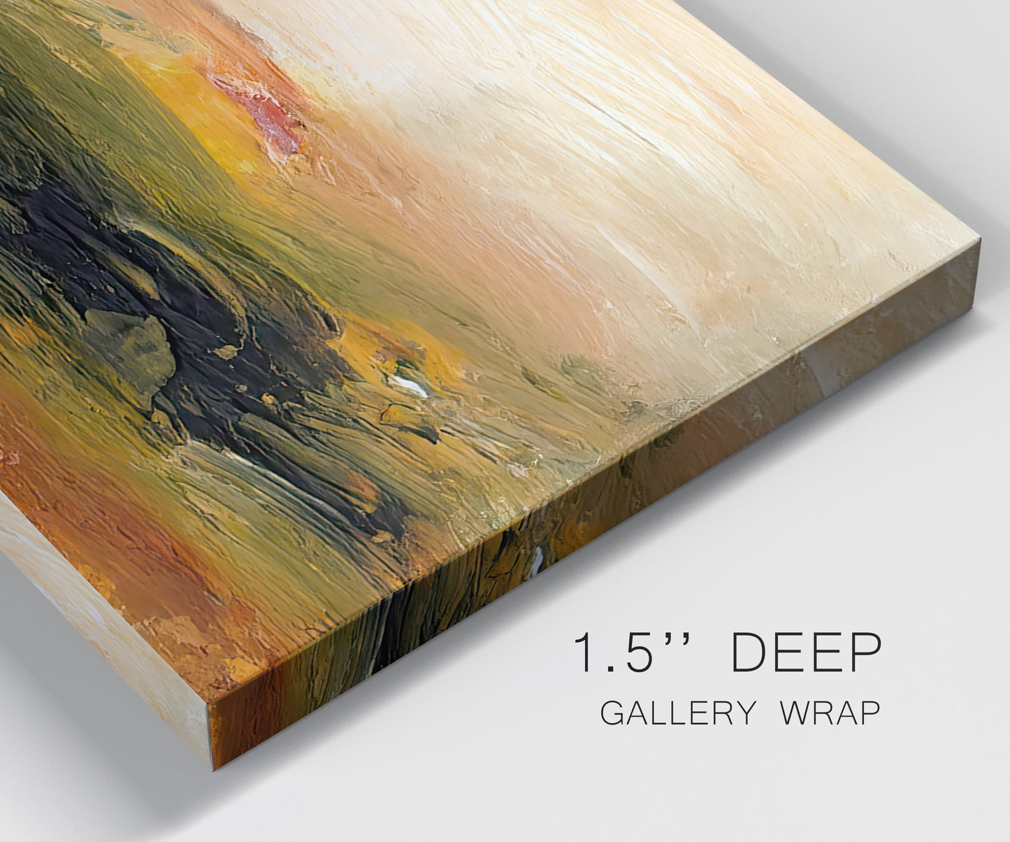 Close-up view of wrapped canvas corner featuring soft abstract evening light.