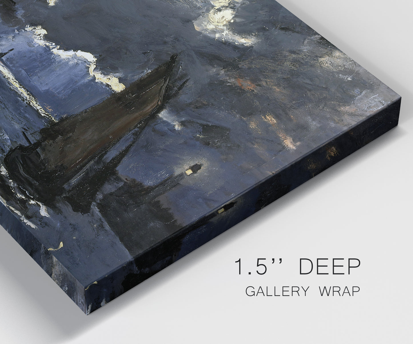 Close-up view of wrapped canvas corner featuring dark seascape under night sky.