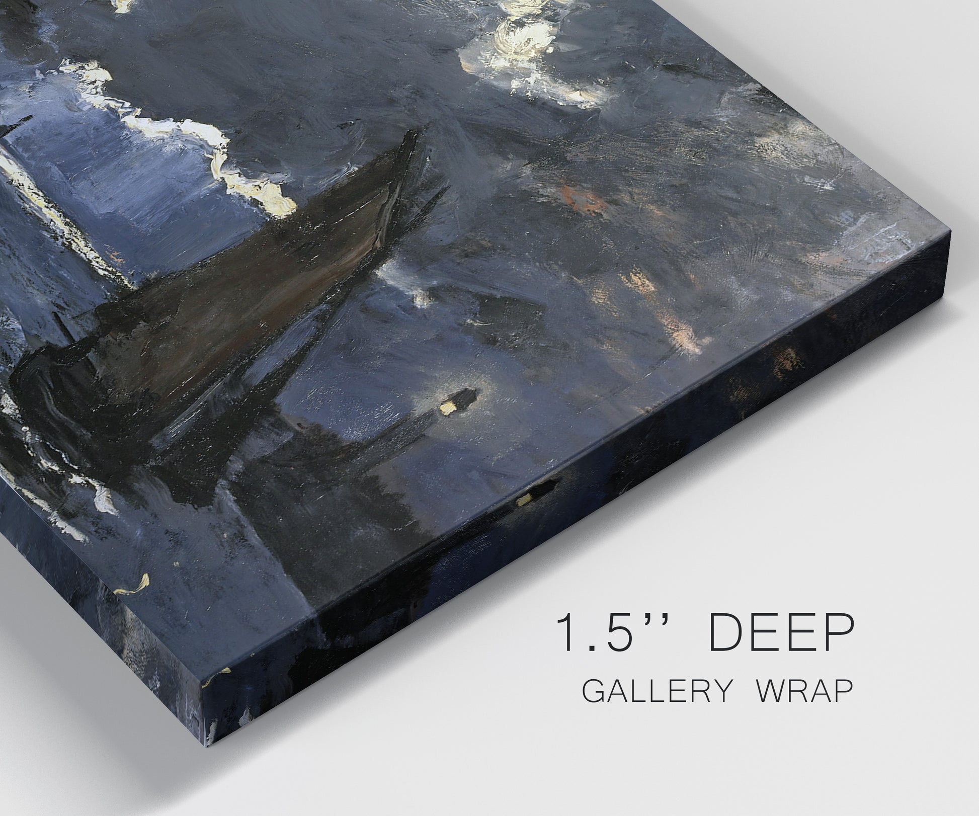 Close-up view of wrapped canvas corner featuring dark seascape under night sky.