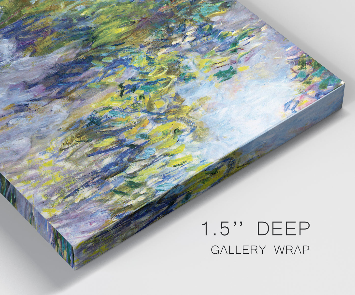 Close-up view of wrapped canvas corner featuring cascading purple wisteria blooms.