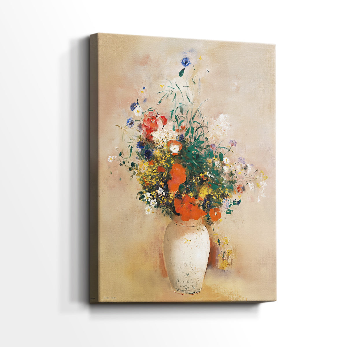 Side view of a canvas art print of a calm composition with blooms and gentle shading, showing gallery-wrapped depth.