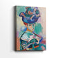 Side view of a canvas art print of a modern portrait with exaggerated color and texture, showing gallery-wrapped depth.