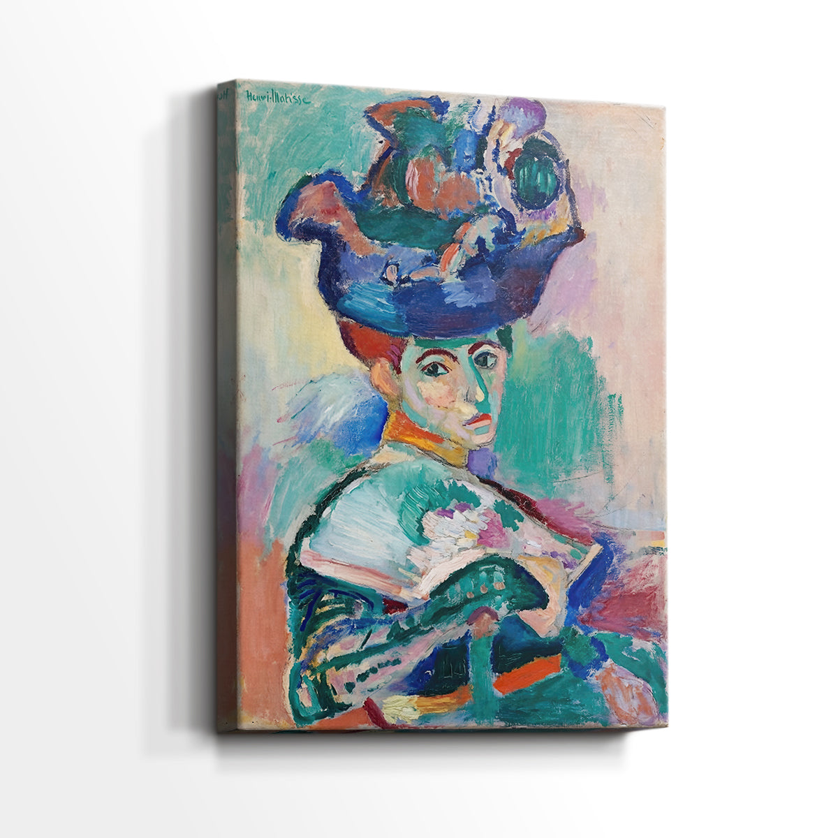 Side view of a canvas art print of a modern portrait with exaggerated color and texture, showing gallery-wrapped depth.