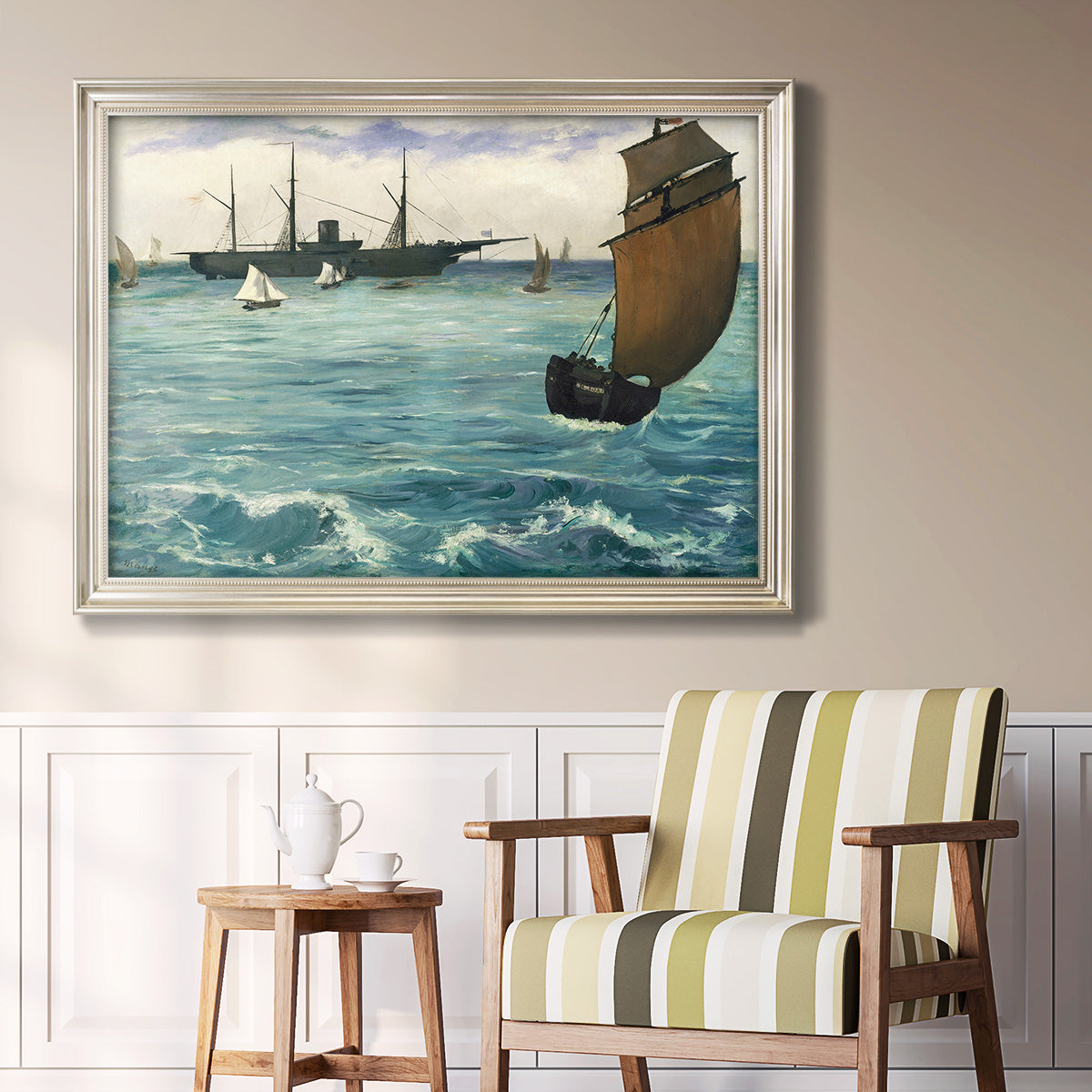 Impressionist naval seascape with the Kearsarge by Édouard Manet in an ornate champagne frame displayed in a light-toned interior setting.