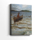 Side view of a canvas art print of a quiet maritime scene with a boat nearing land under soft light, showing gallery-wrapped depth.