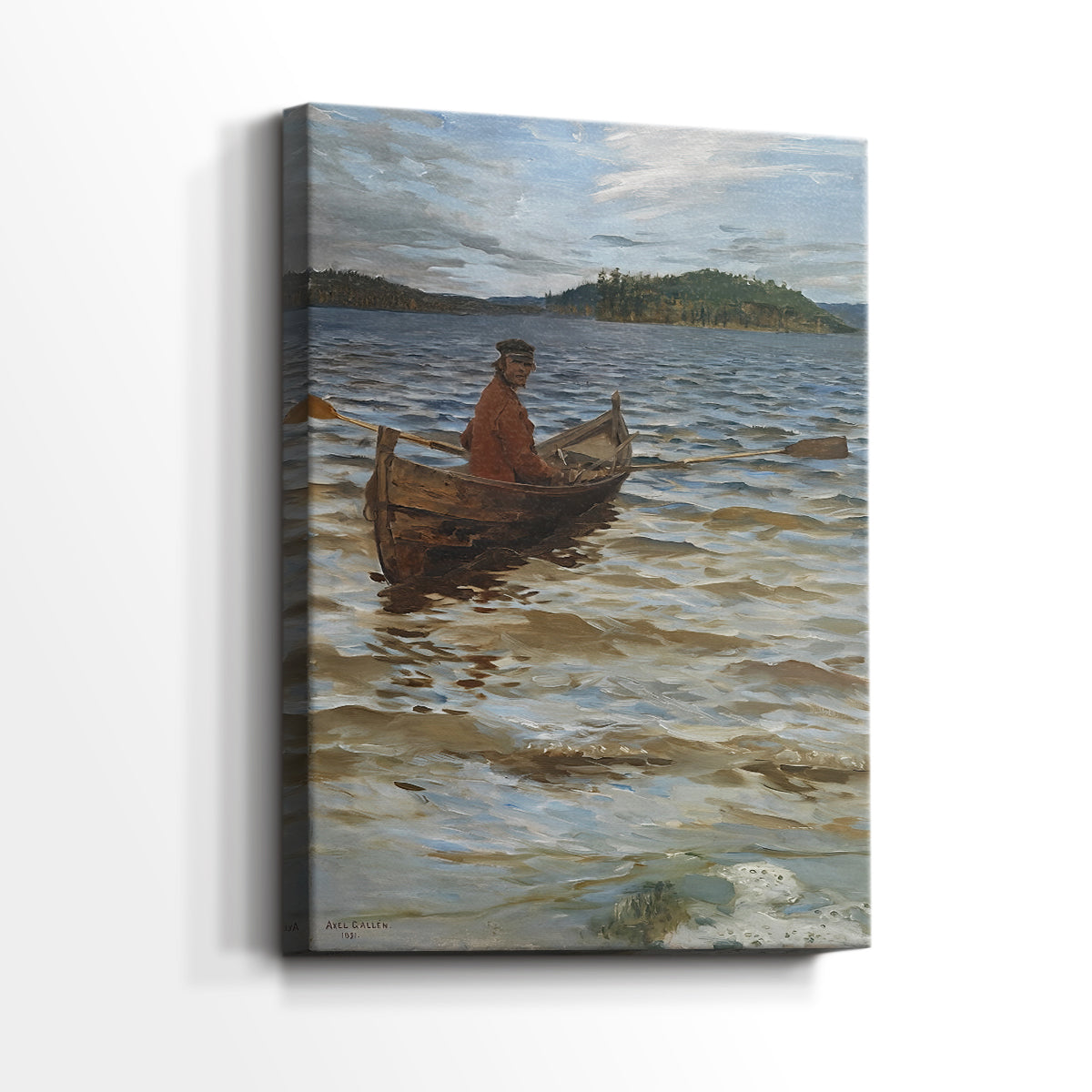 Side view of a canvas art print of a quiet maritime scene with a boat nearing land under soft light, showing gallery-wrapped depth.