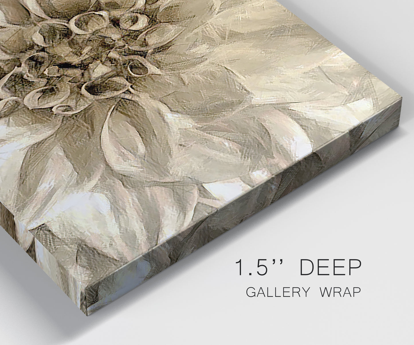 Close-up view of wrapped canvas corner featuring monochrome floral linework composition.