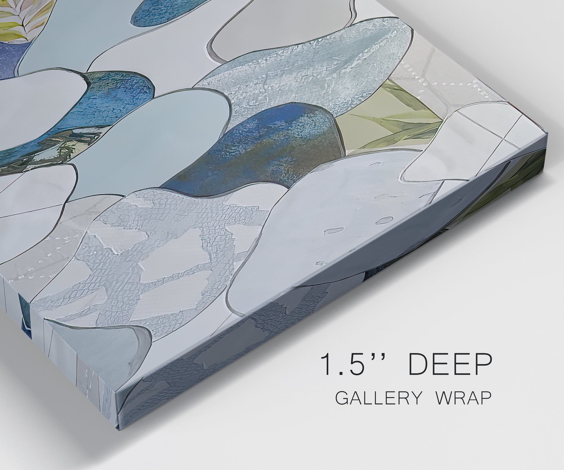 Close-up view of wrapped canvas corner featuring mid century geometric pink abstraction.