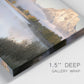 Close-up view of wrapped canvas corner featuring fog drifting over winding river.