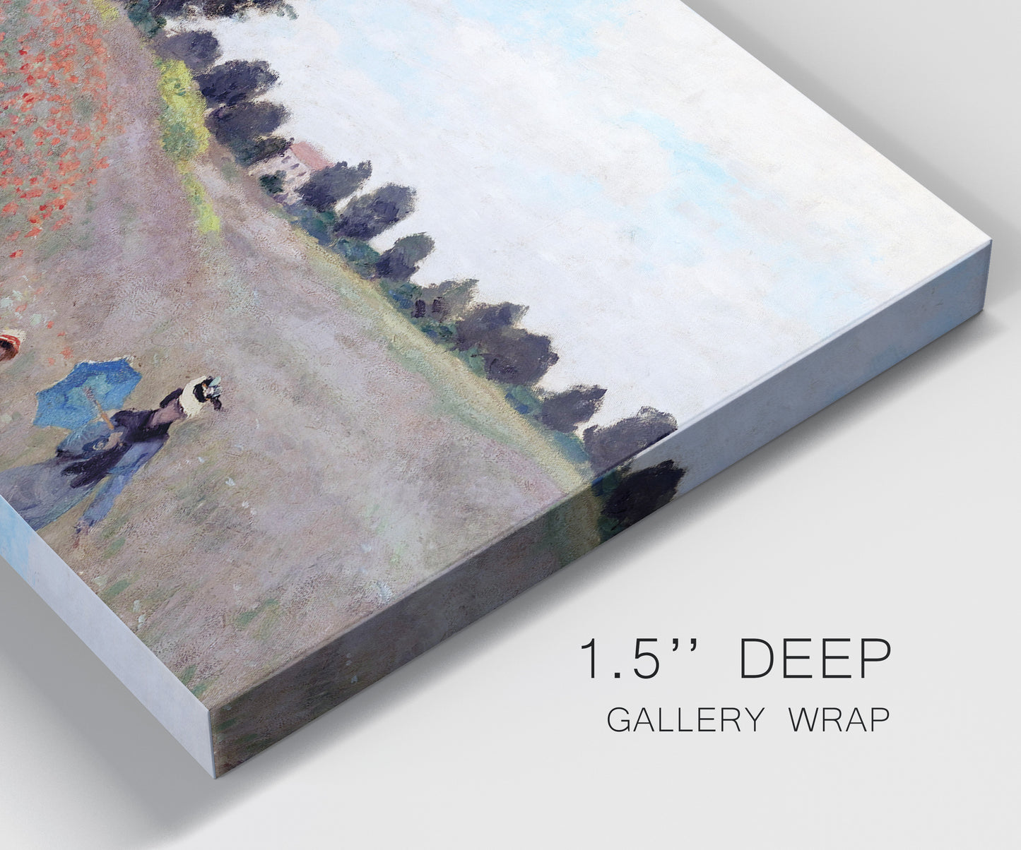 Close-up view of wrapped canvas corner featuring poppy field stretching across meadow.