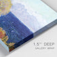 Close-up view of wrapped canvas corner featuring mediterranean coastline with headland.