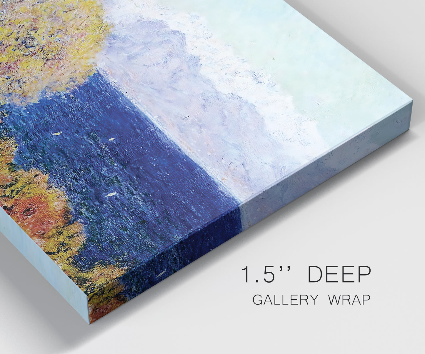 Close-up view of wrapped canvas corner featuring mediterranean coastline with headland.