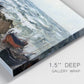 Close-up view of wrapped canvas corner featuring rough coastal seas under storm clouds.