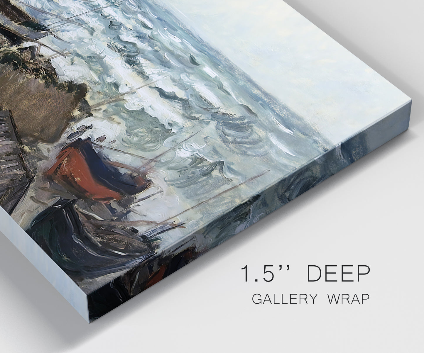 Close-up view of wrapped canvas corner featuring rough coastal seas under storm clouds.