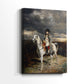 Side view of a canvas art print of a historical figure on horseback with restrained tones, showing gallery-wrapped depth.