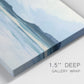 Close-up view of wrapped canvas corner featuring soft coastal shoreline landscape.