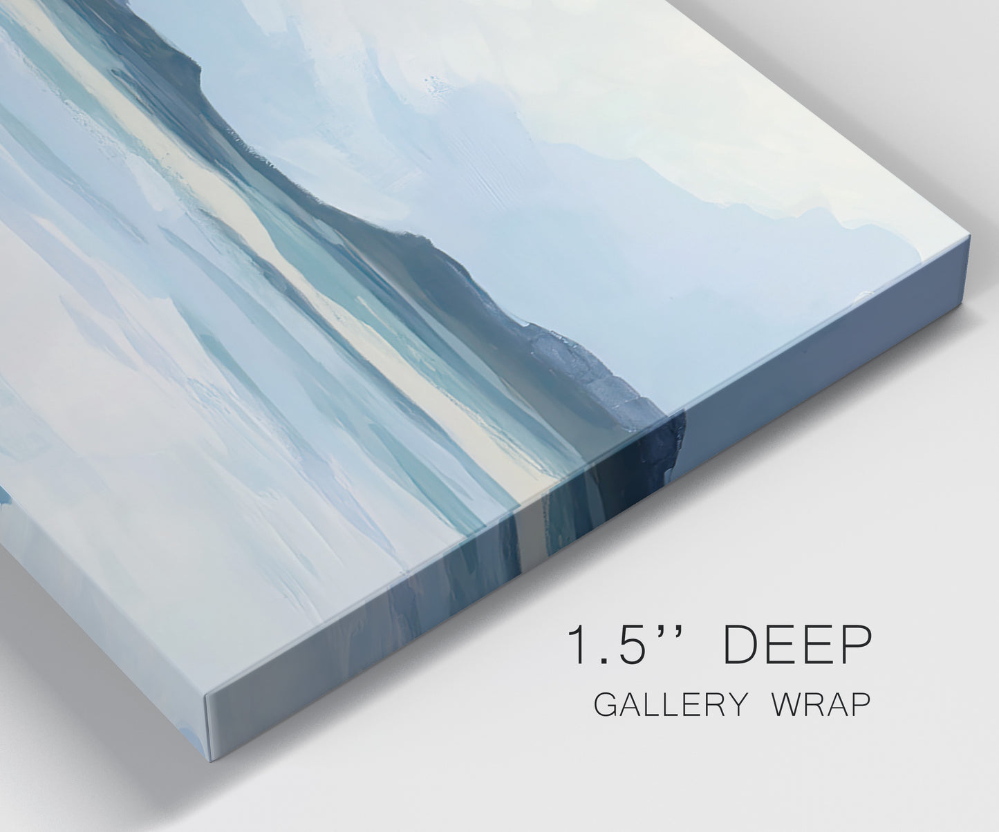 Close-up view of wrapped canvas corner featuring soft coastal shoreline landscape.