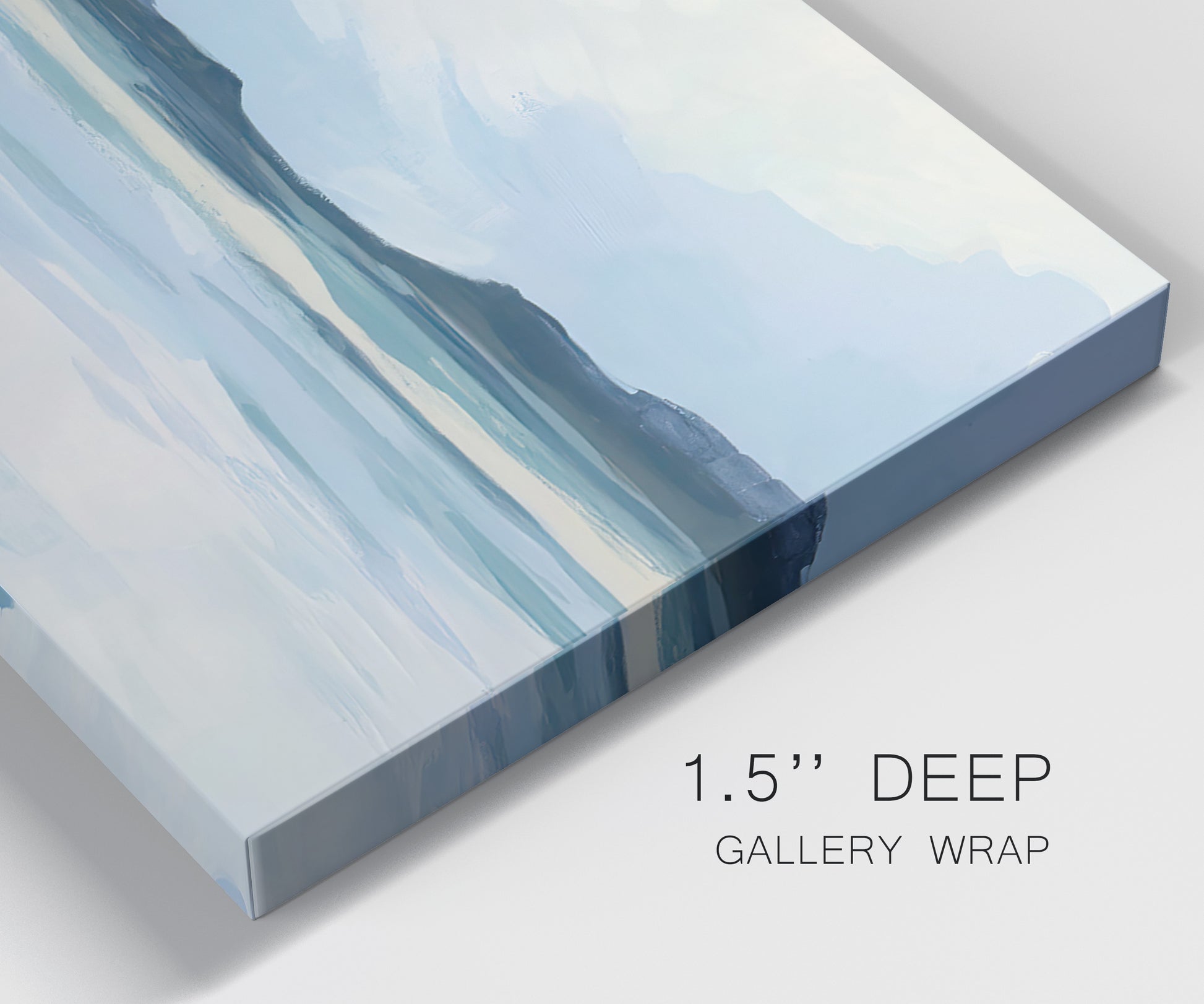 Close-up view of wrapped canvas corner featuring soft coastal shoreline landscape.