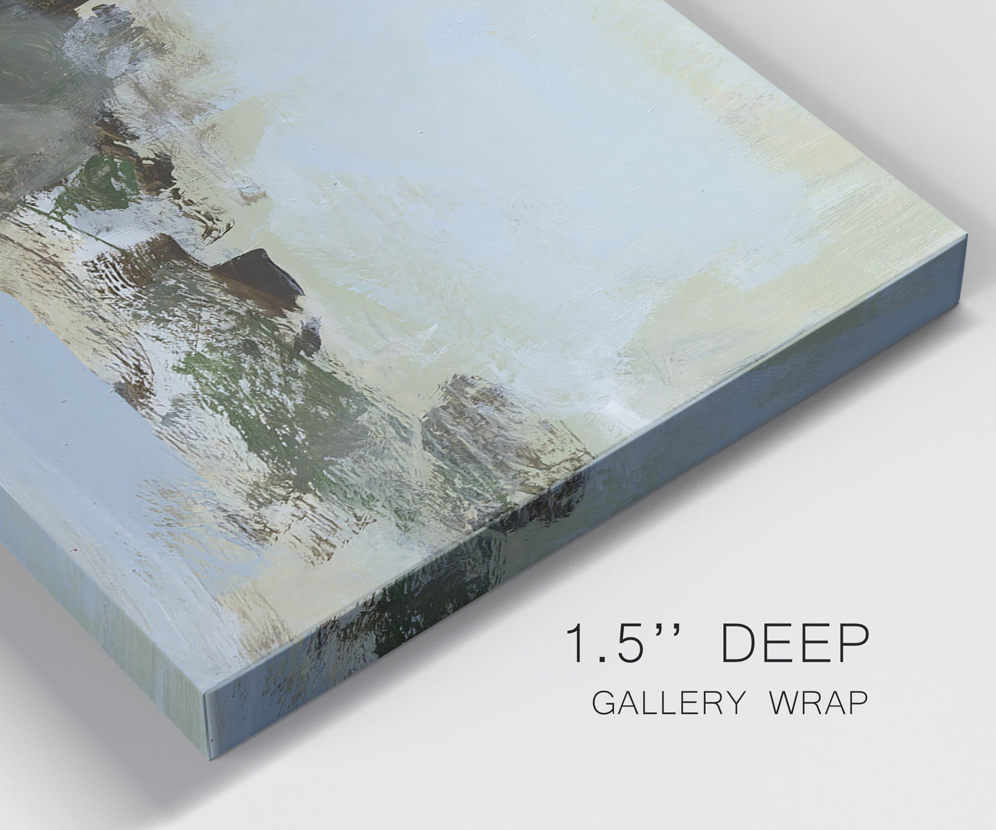 Close-up view of wrapped canvas corner featuring minimal abstract summer landscape.