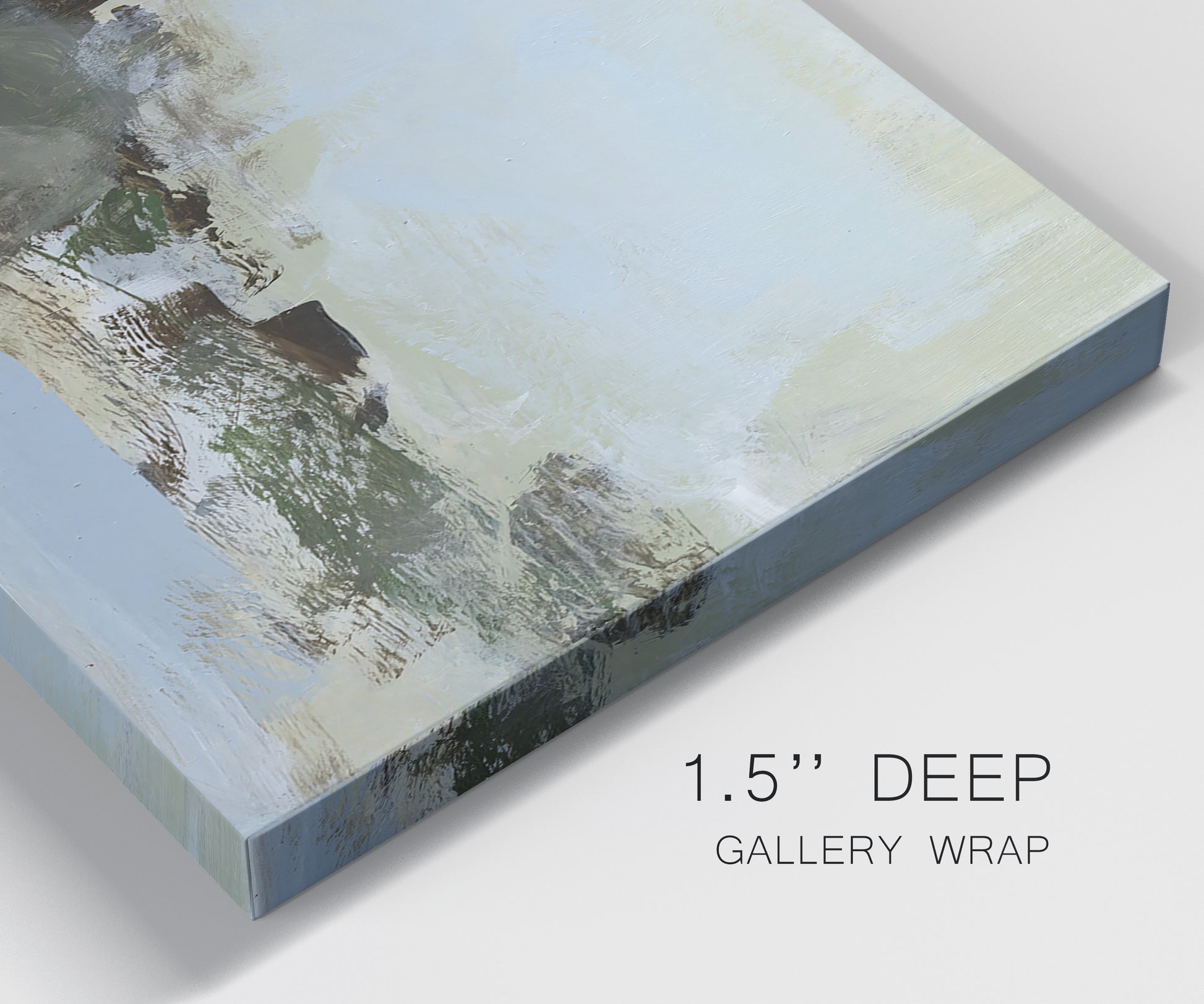 Close-up view of wrapped canvas corner featuring minimal abstract summer landscape.