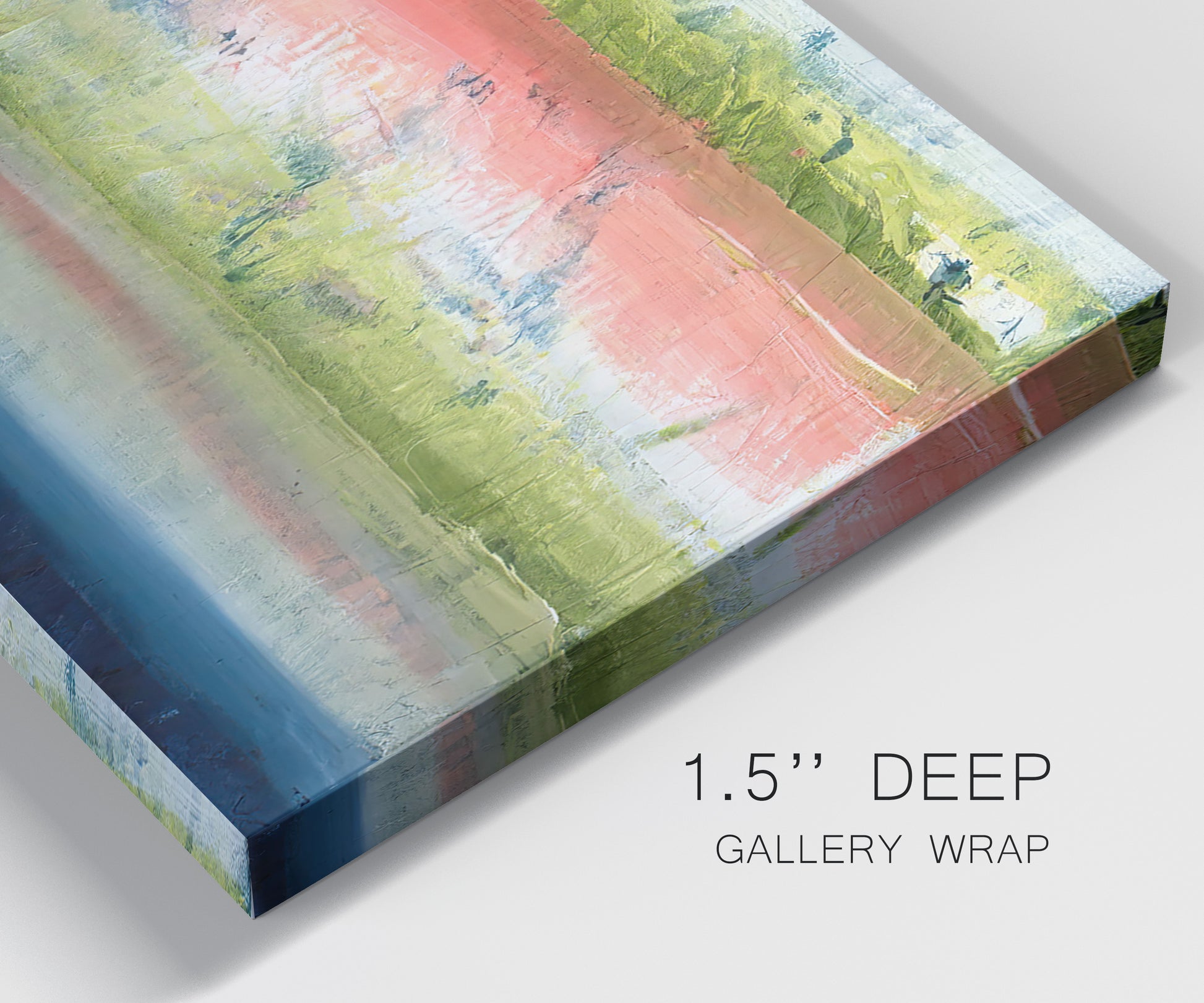 Close-up view of wrapped canvas corner featuring layered abstract color banding.