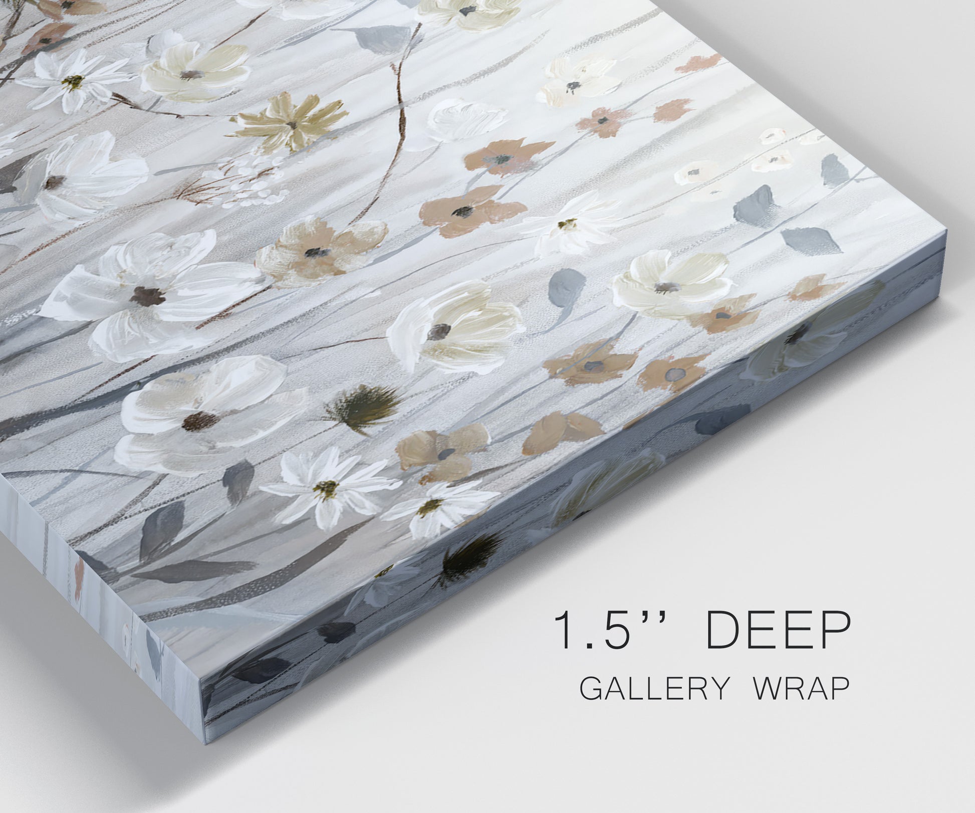 Close-up view of wrapped canvas corner featuring misty wildflower meadow landscape.