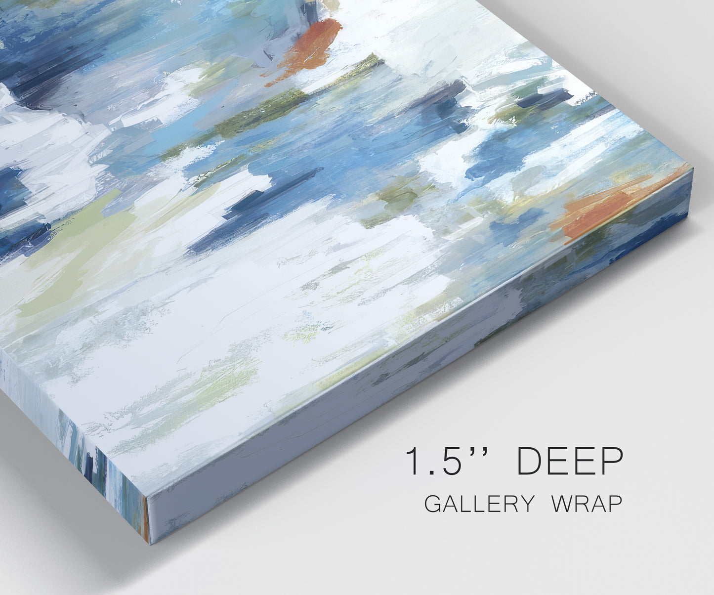 Close-up view of wrapped canvas corner featuring flowing abstract color movement.