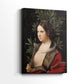 Side view of a canvas art print of a classical portrait with subtle light and detailed rendering, showing gallery-wrapped depth.