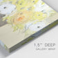 Close-up view of wrapped canvas corner featuring abstract floral table arrangement.