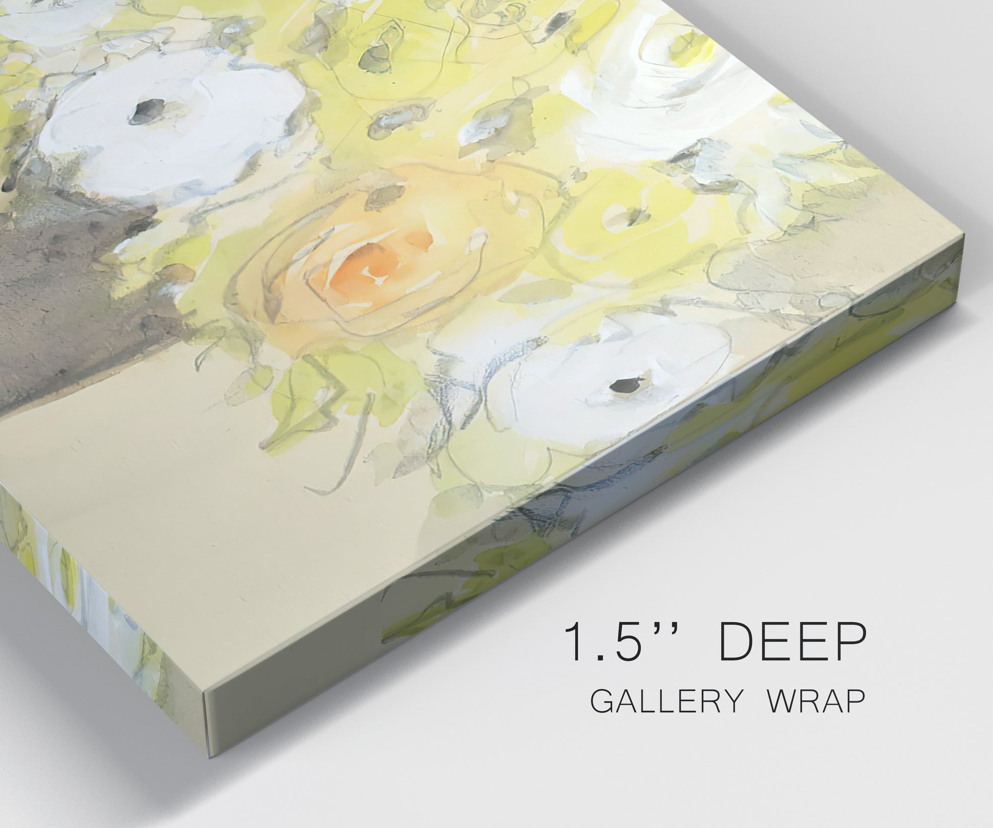Close-up view of wrapped canvas corner featuring abstract floral table arrangement.