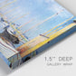 Close-up view of wrapped canvas corner featuring sailboats gathered along river.
