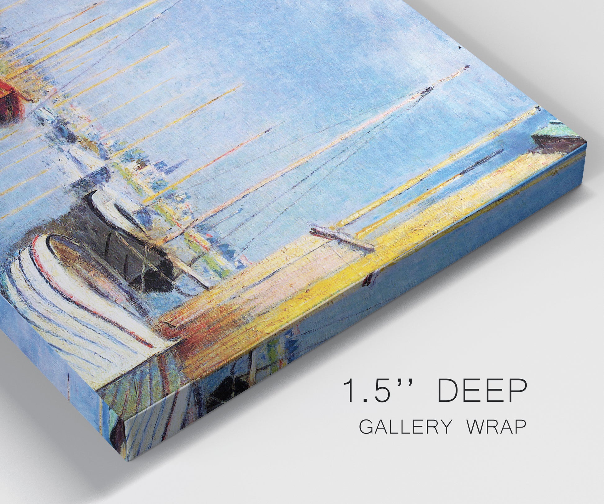 Close-up view of wrapped canvas corner featuring sailboats gathered along river.