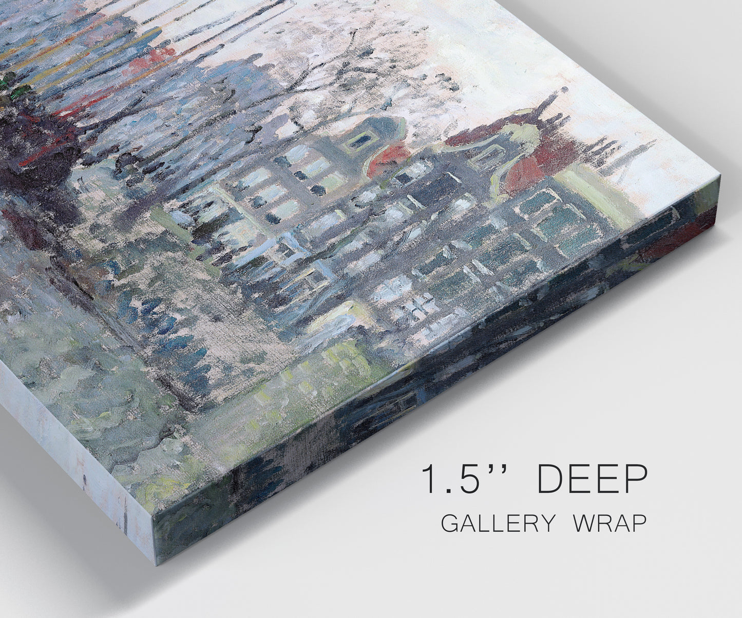 Close-up view of wrapped canvas corner featuring historic canal view with boats.