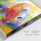 Close-up view of wrapped canvas corner featuring colorful abstract racing forms.