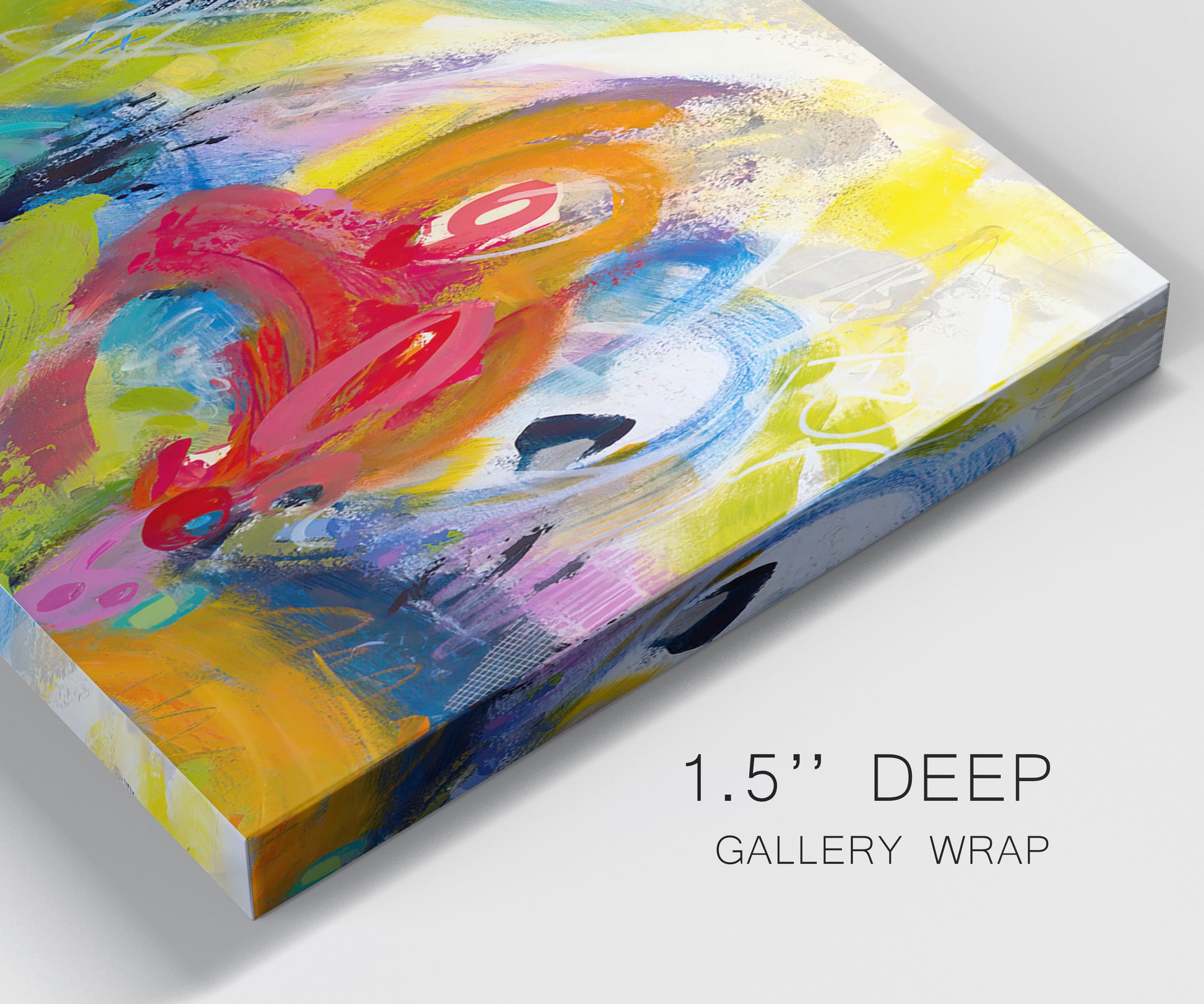 Close-up view of wrapped canvas corner featuring colorful abstract racing forms.