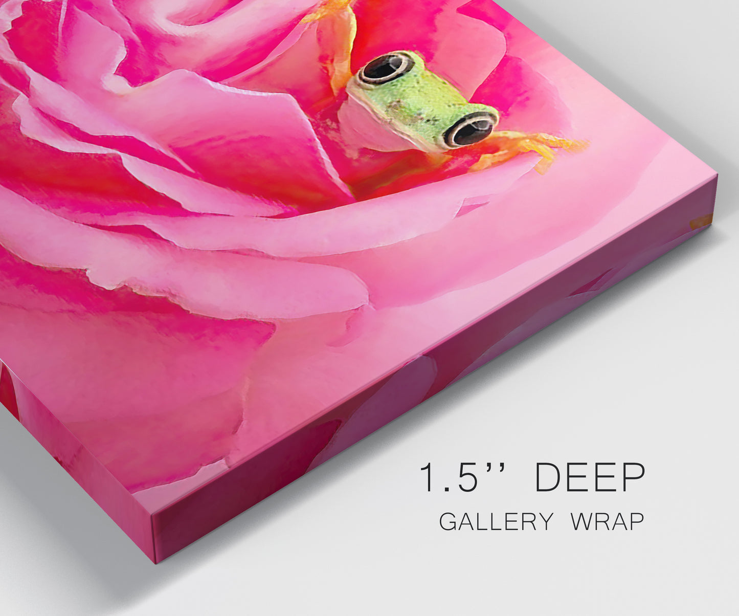 Close-up view of wrapped canvas corner featuring animal photography with floral elements.