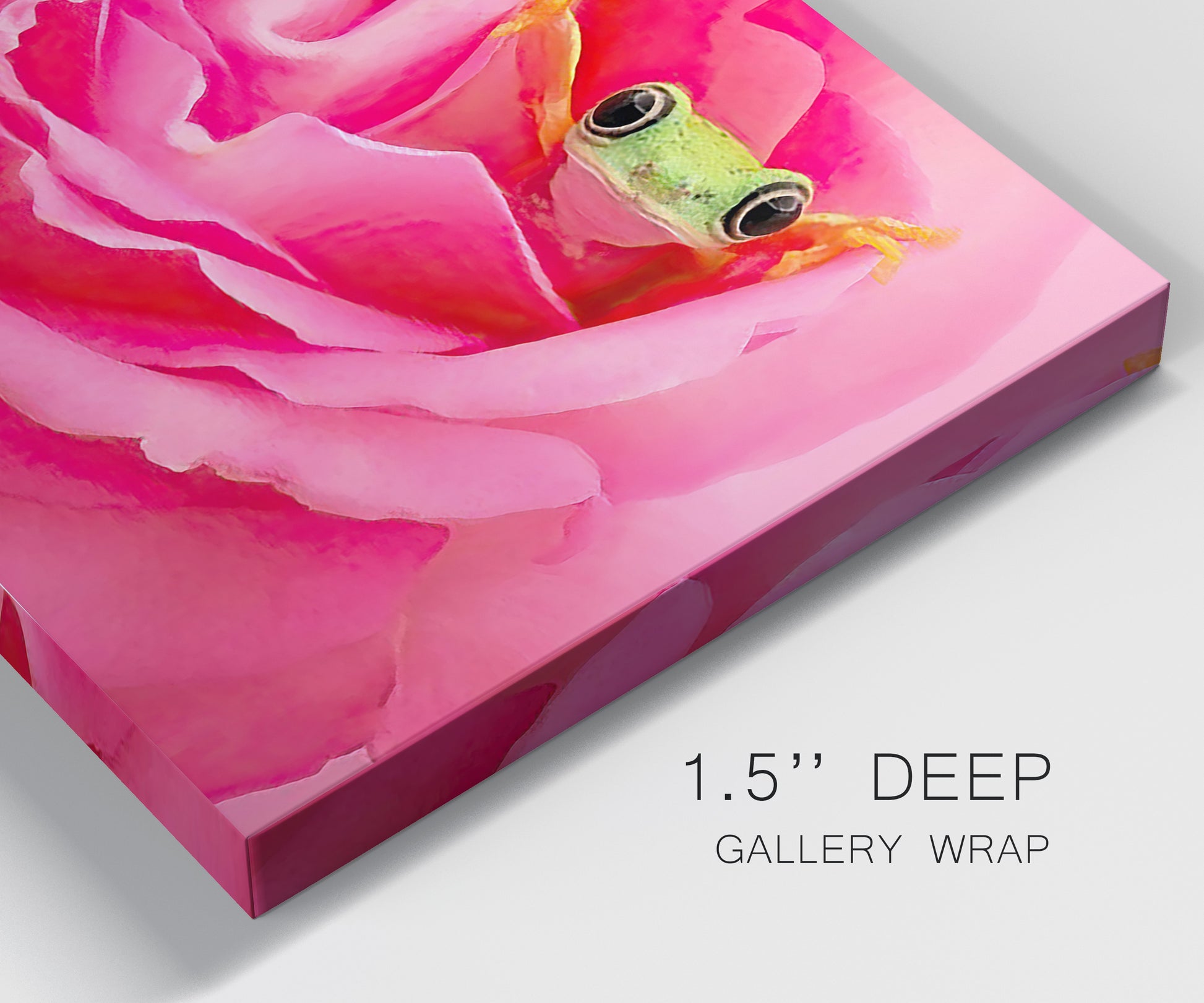 Close-up view of wrapped canvas corner featuring animal photography with floral elements.