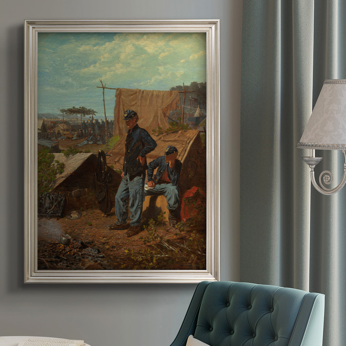 American genre scene of domestic life by Winslow Homer in an {frame_style_descriptor} displayed in a neutral interior setting.