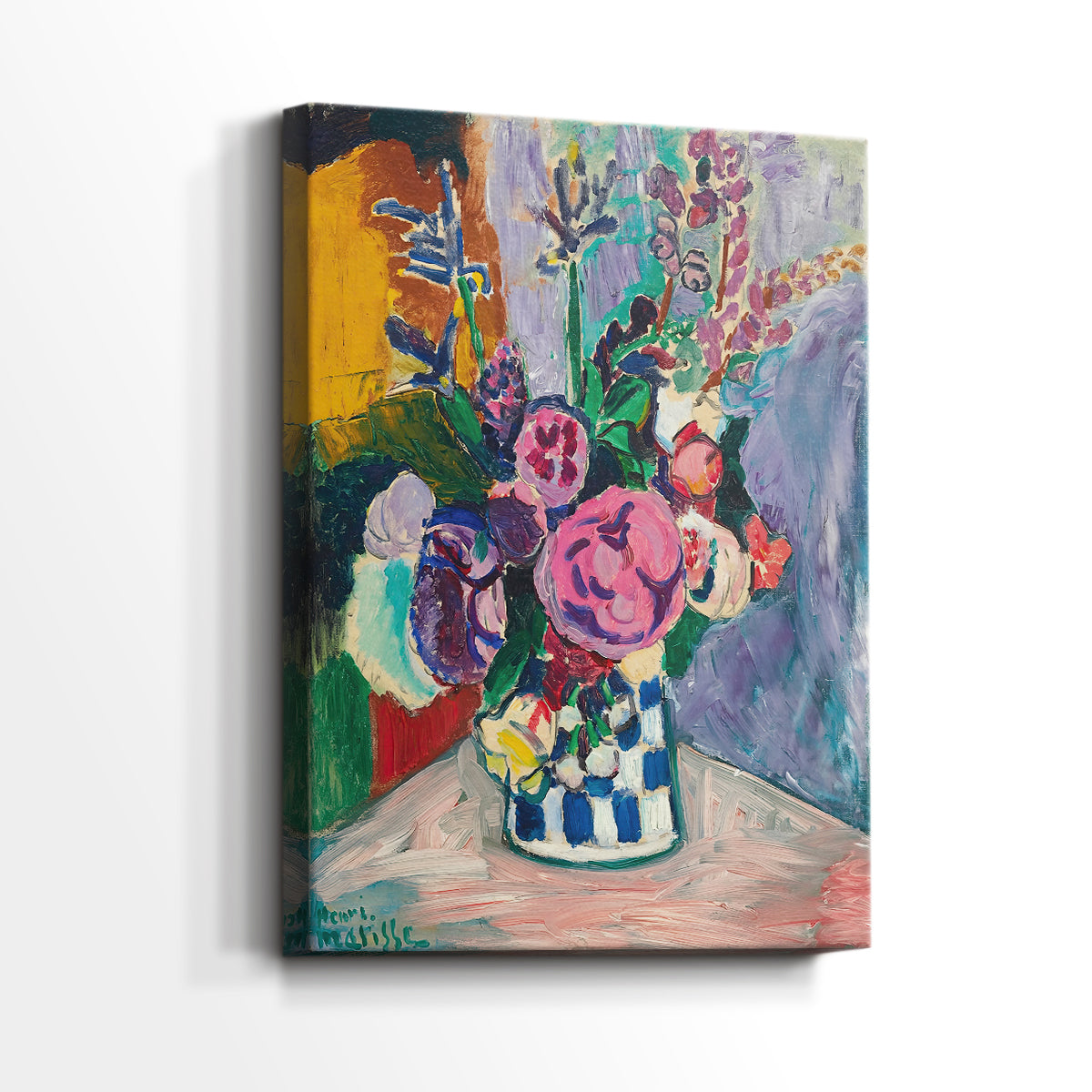 Side view of a canvas art print of a decorative bouquet with expressive color and texture, showing gallery-wrapped depth.