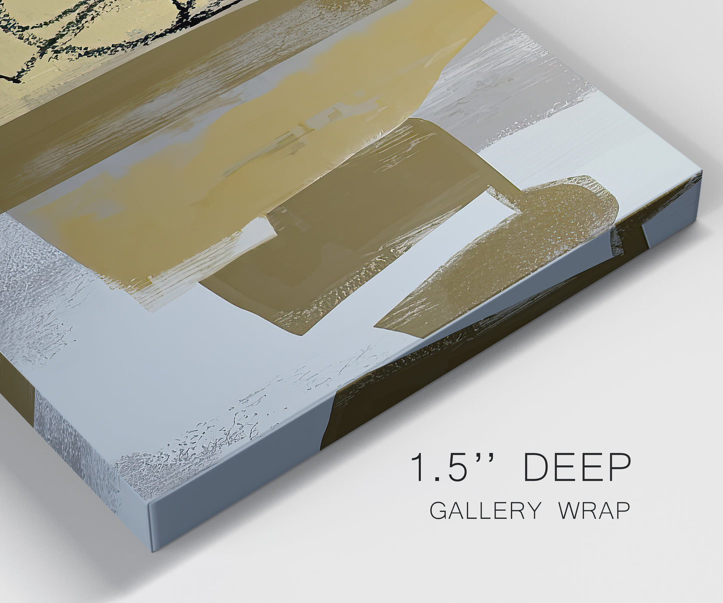 Close-up view of wrapped canvas corner featuring industrial abstract digital glitch pattern.