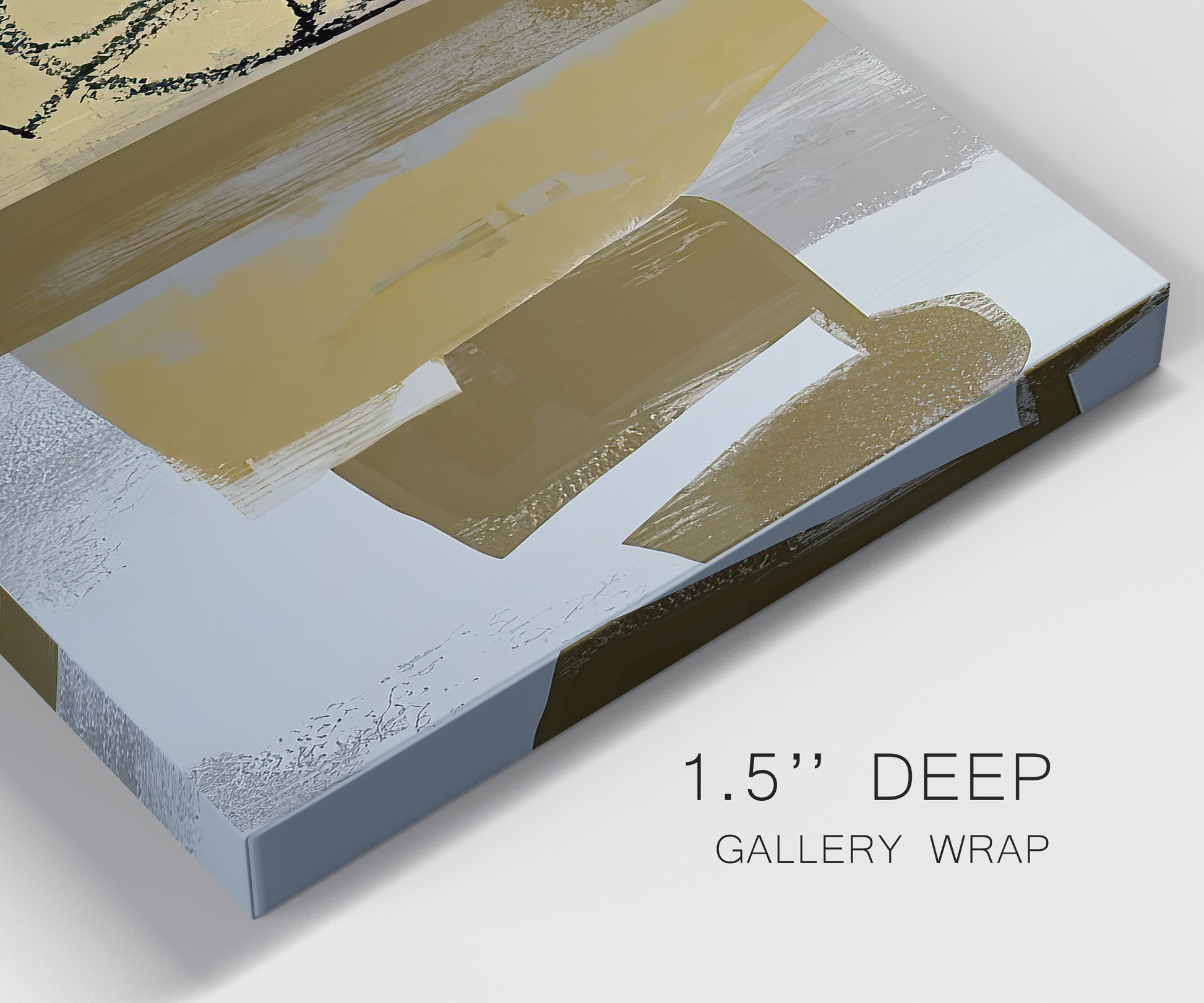 Close-up view of wrapped canvas corner featuring industrial abstract digital glitch pattern.